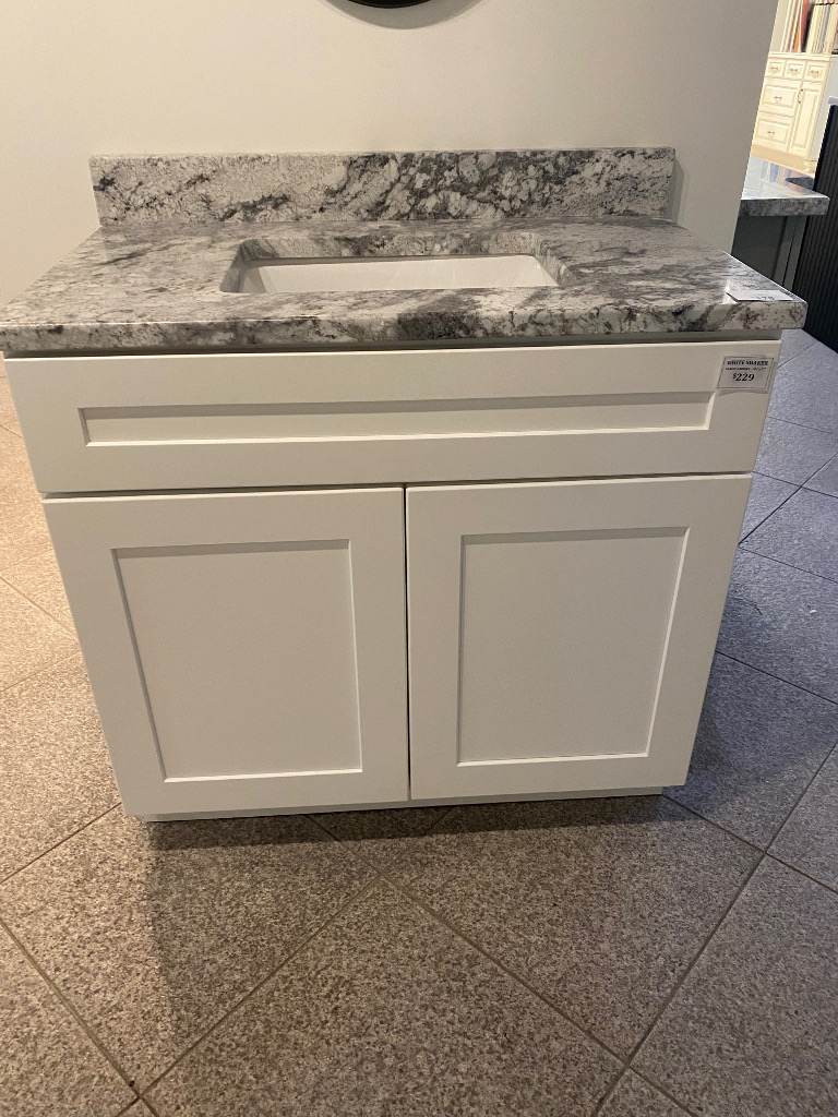 36 INCH WHITE SHAKER VANITY WITH 37 INCH THUNDER WHITE GRANITE TOP